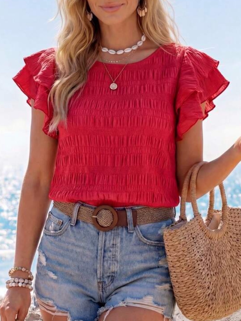 Red Ruffle Sleeve Women's Top - Classic Summer Tee